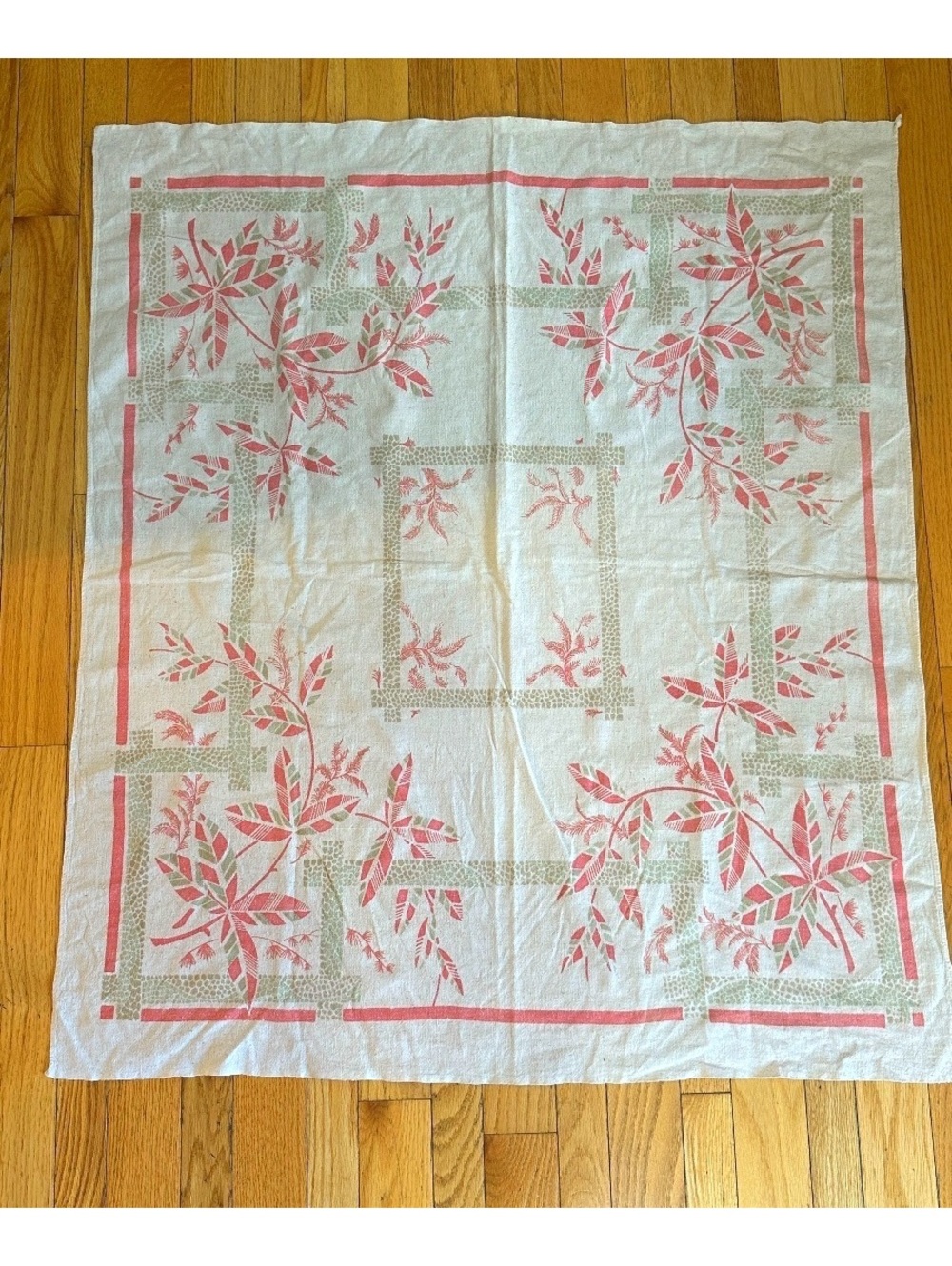 VTG 1950s Stamped Cotton Tablecloth Red Sage Botanical Farmhouse 46” x 41”